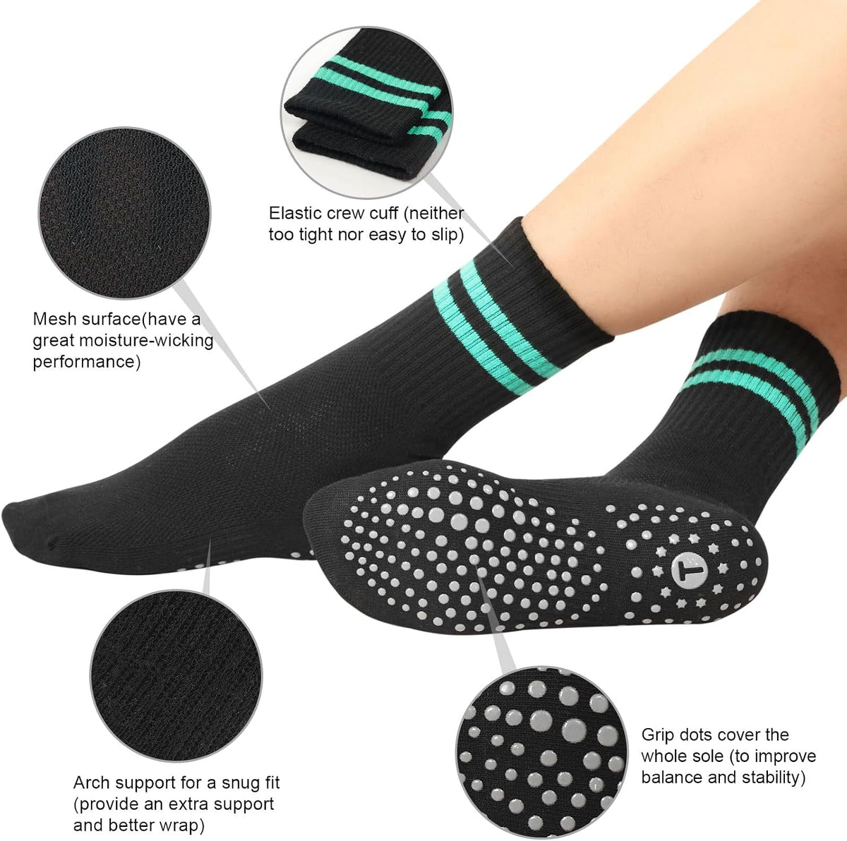 Pilates Socks for Women, Grip Yoga Crew Socks, Non Slip Socks