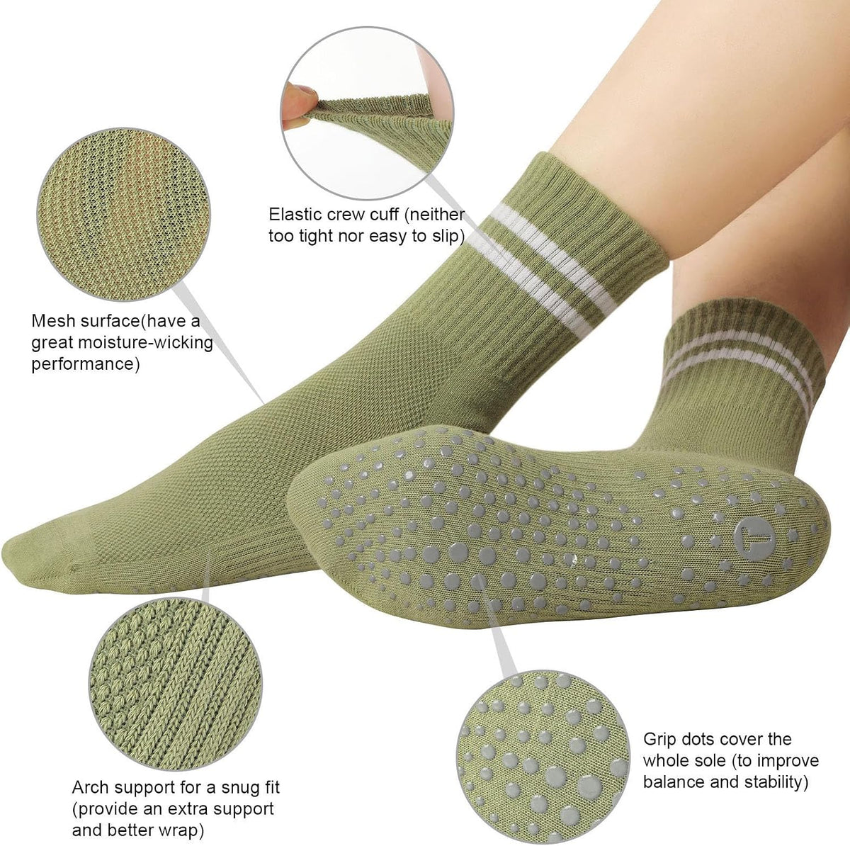 Pilates Socks for Women, Grip Yoga Crew Socks, Non Slip Socks