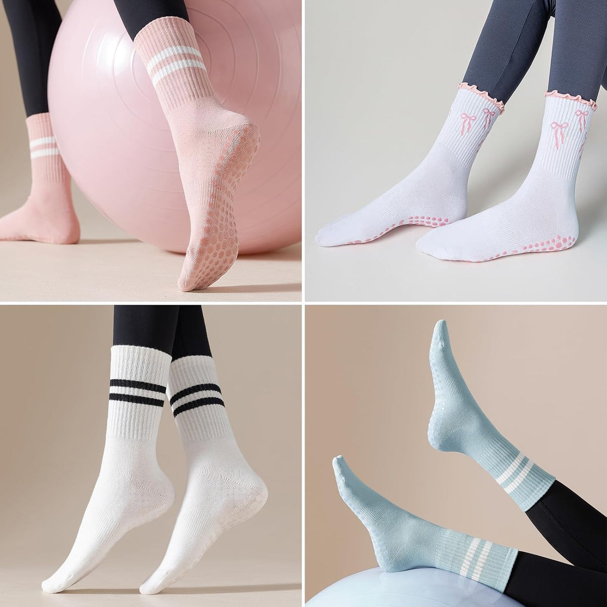 Pilates Socks for Women, Grip Yoga Crew Socks, Non Slip Socks