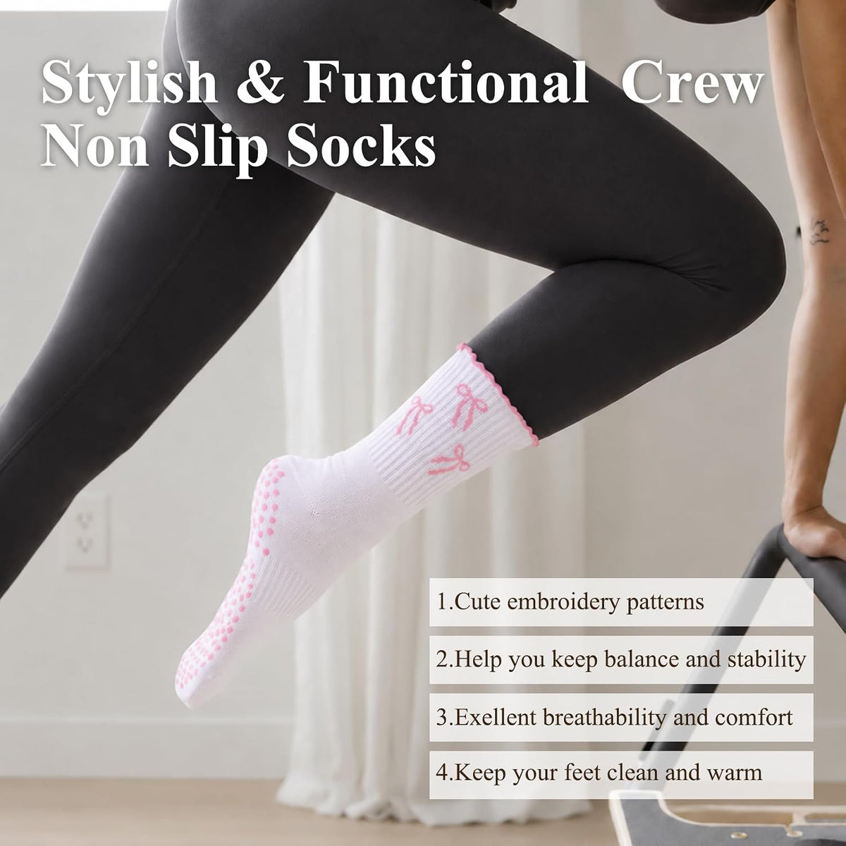 Pilates Socks for Women, Grip Yoga Crew Socks, Non Slip Socks