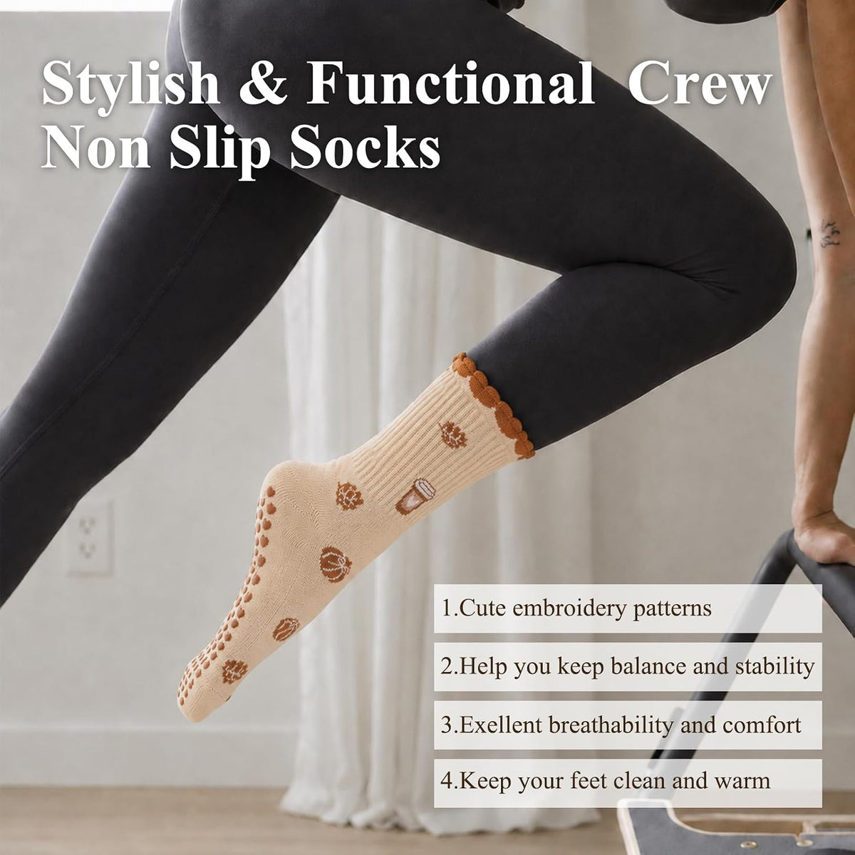 Pilates Socks for Women, Grip Yoga Crew Socks, Non Slip Socks