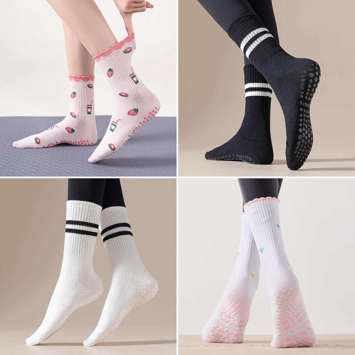 Pilates Socks for Women, Grip Yoga Crew Socks, Non Slip Socks