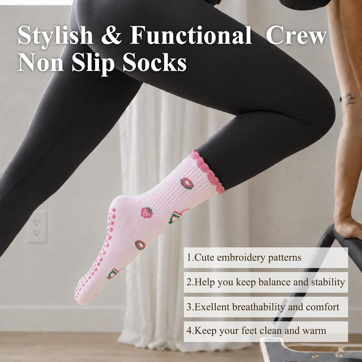 Pilates Socks for Women, Grip Yoga Crew Socks, Non Slip Socks