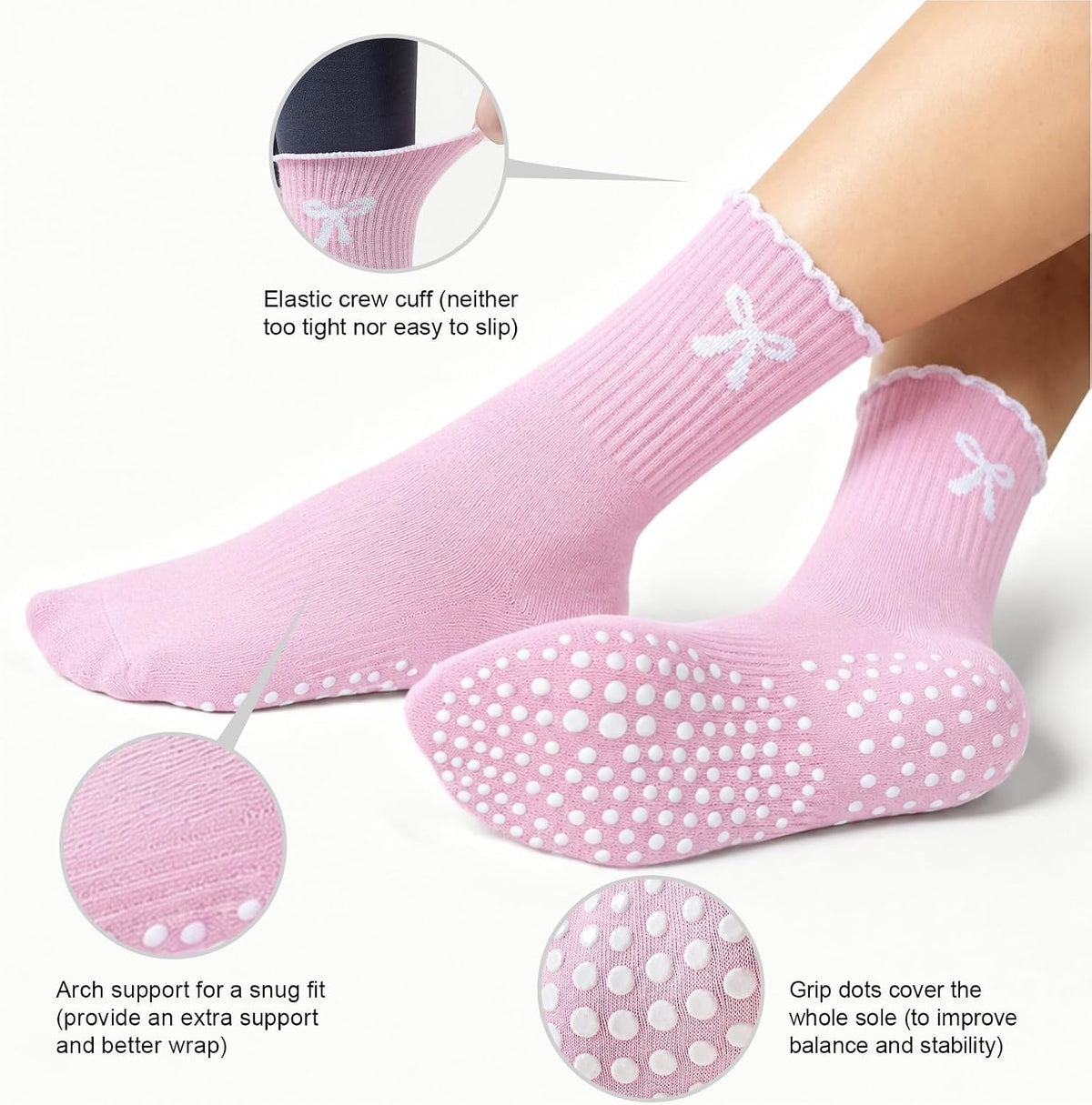 Pilates Socks for Women, Grip Yoga Crew Socks, Non Slip Socks