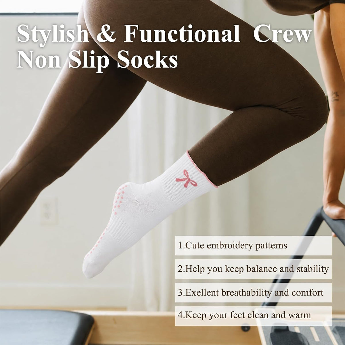 Pilates Socks for Women, Grip Yoga Crew Socks, Non Slip Socks