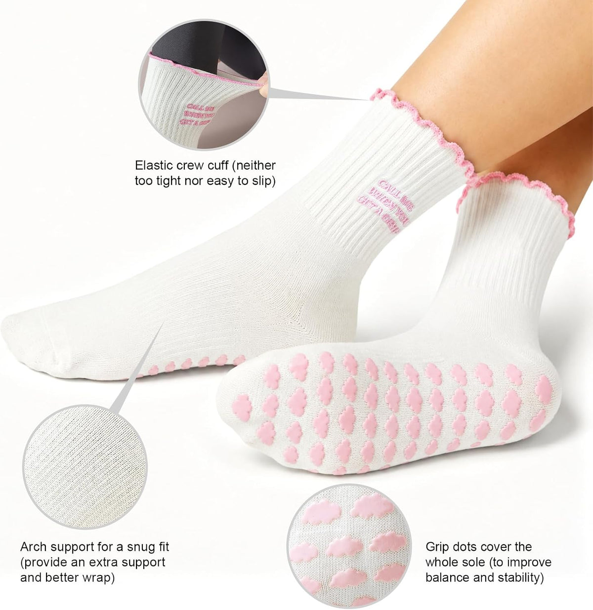 Pilates Socks for Women, Grip Yoga Crew Socks, Non Slip Socks