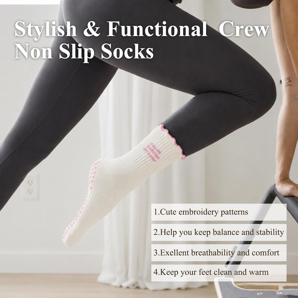 Pilates Socks for Women, Grip Yoga Crew Socks, Non Slip Socks