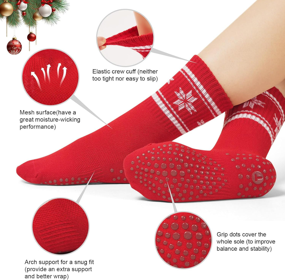 Pilates Socks for Women, Grip Yoga Crew Socks, Non Slip Socks