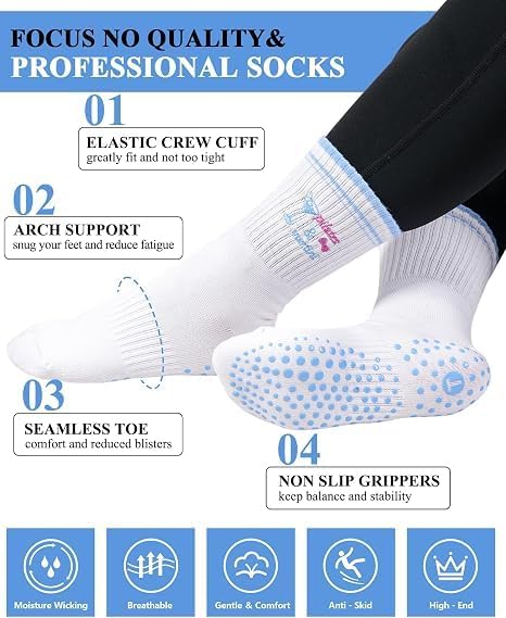 Pilates Socks for Women, Grip Yoga Crew Socks, Non Slip Socks