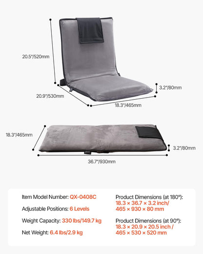 Floor Chair, 6-Position Adjustable Meditation Chair with Back Support, Folding Sofa Chair for Reading TV Watching and Gaming, Portable Floor Seat Lounge Sofa Chair for Kids Teens Adults, Gray