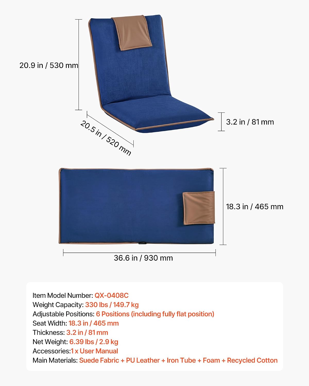 Floor Chair, 6-Position Adjustable Meditation Chair with Back Support, Folding Sofa Chair for Reading TV Watching and Gaming, Portable Floor Seat Lounge Sofa Chair for Kids Teens Adults, Gray