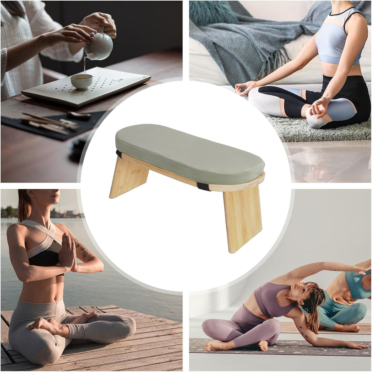 Bamboo Meditation Bench with Cushion, Folding Kneeling Meditation Bench, Portable Kneeling Chair for Kneeling or Sitting, 396.83lbs Load Max (Green)
