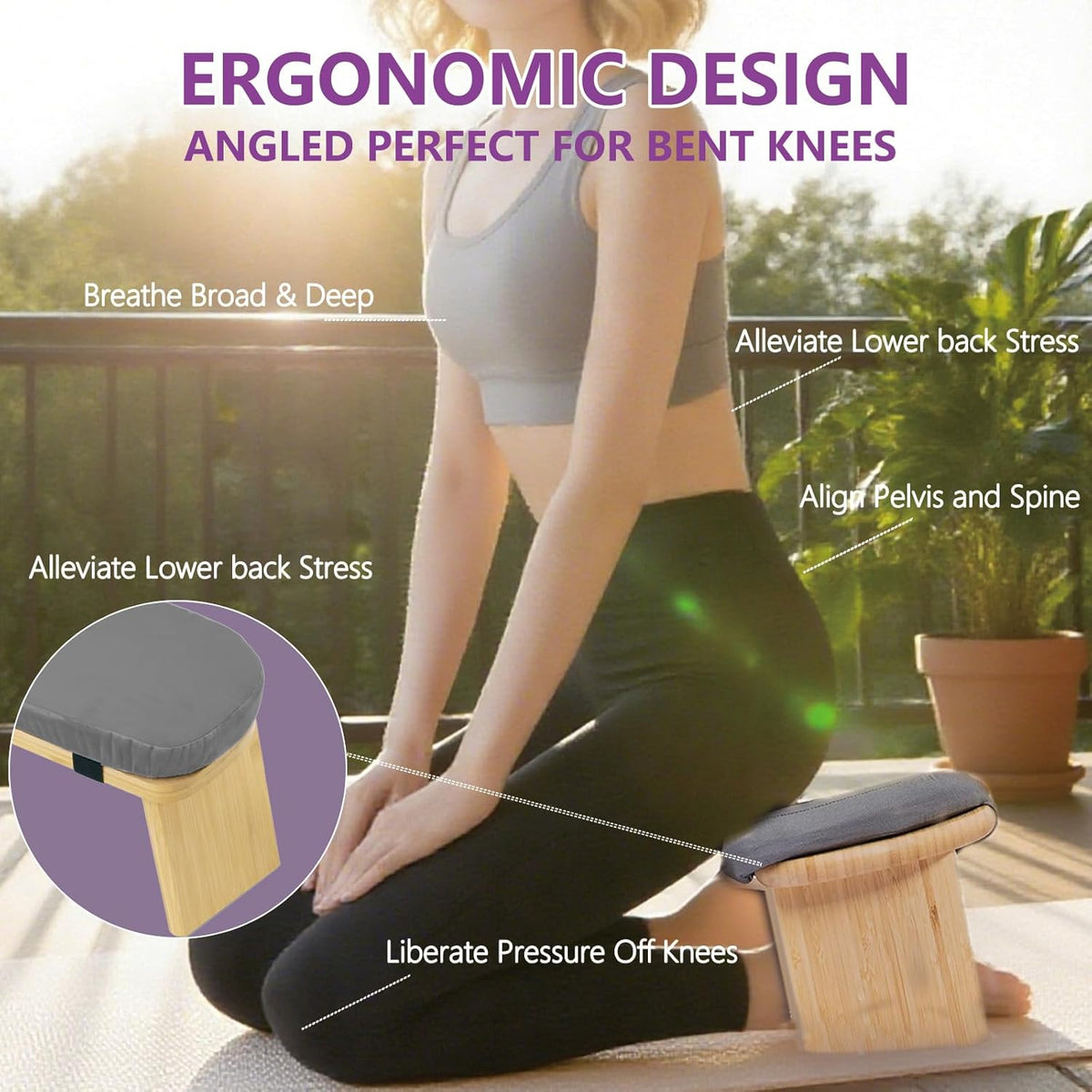 Meditation Bench, Portable Bamboo Meditation Stool, Folding Kneeling Meditation Bench, Anterior Tilt Bench, Prayer Bench with Meditation Chair with Thick Cushion, Kneeling Stool