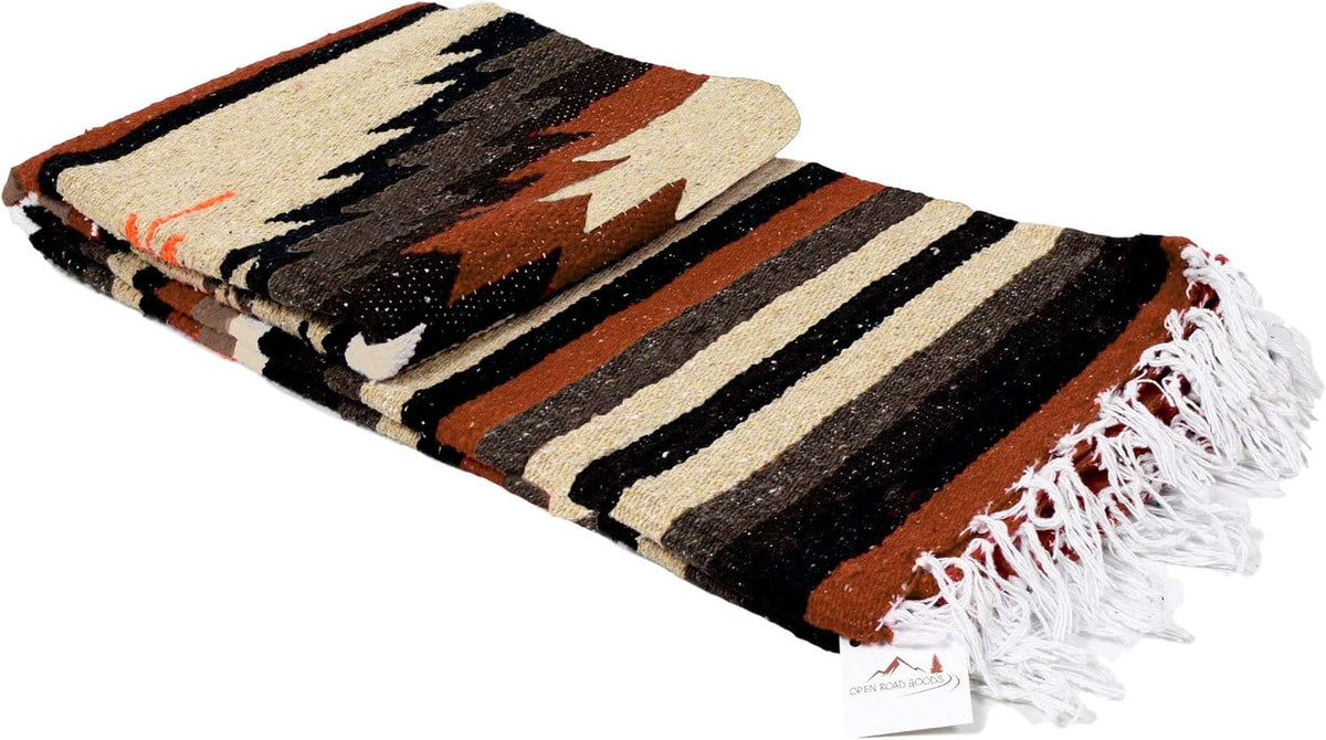 Open Road Goods Handwoven Mexican Diamond Blanket, Throw, or Yoga Bolster - Southwestern Style Blanket - Brown