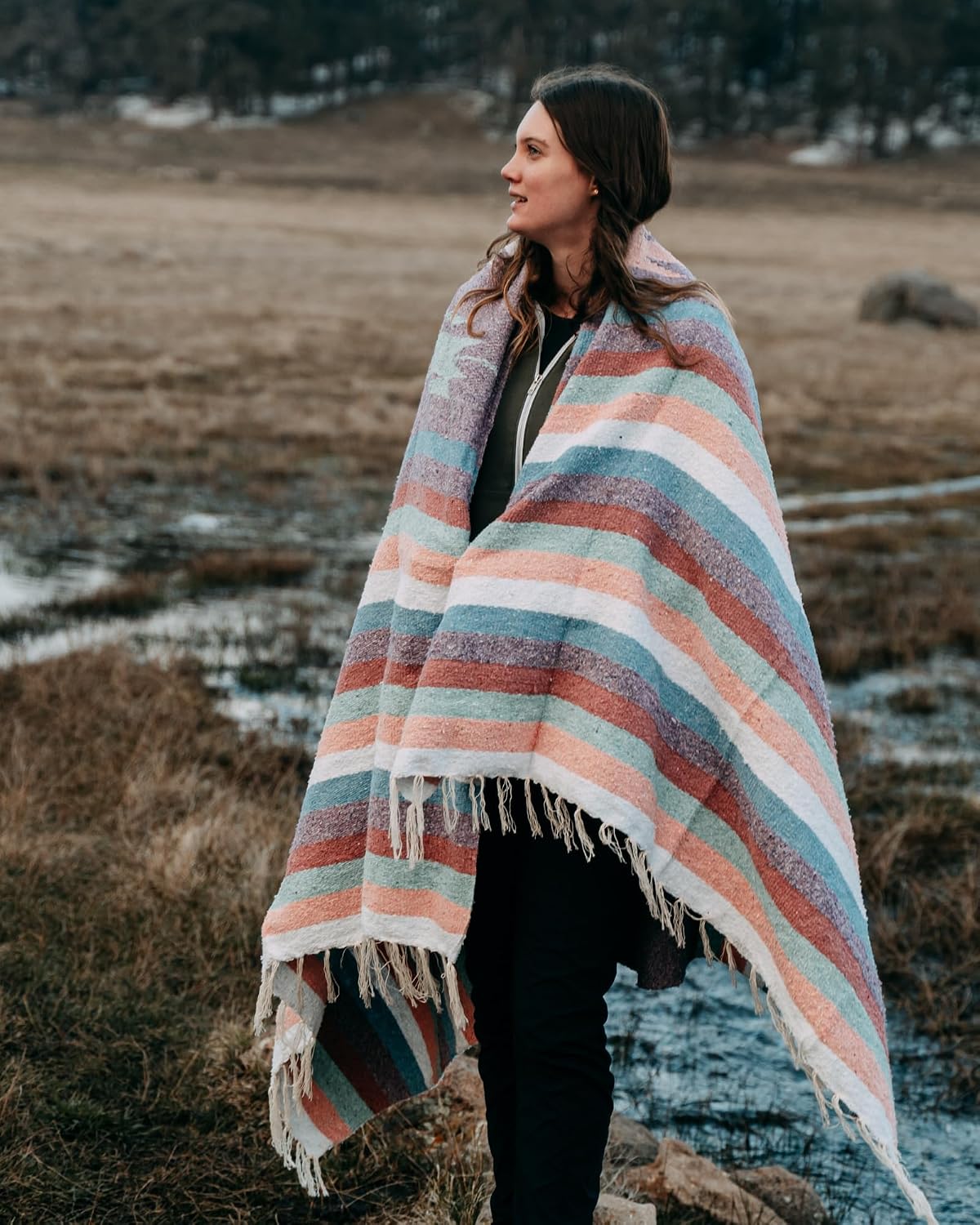 Open Road Goods Handwoven Mexican Diamond Blanket, Throw, or Yoga Bolster - Southwestern Style Blanket - Brown