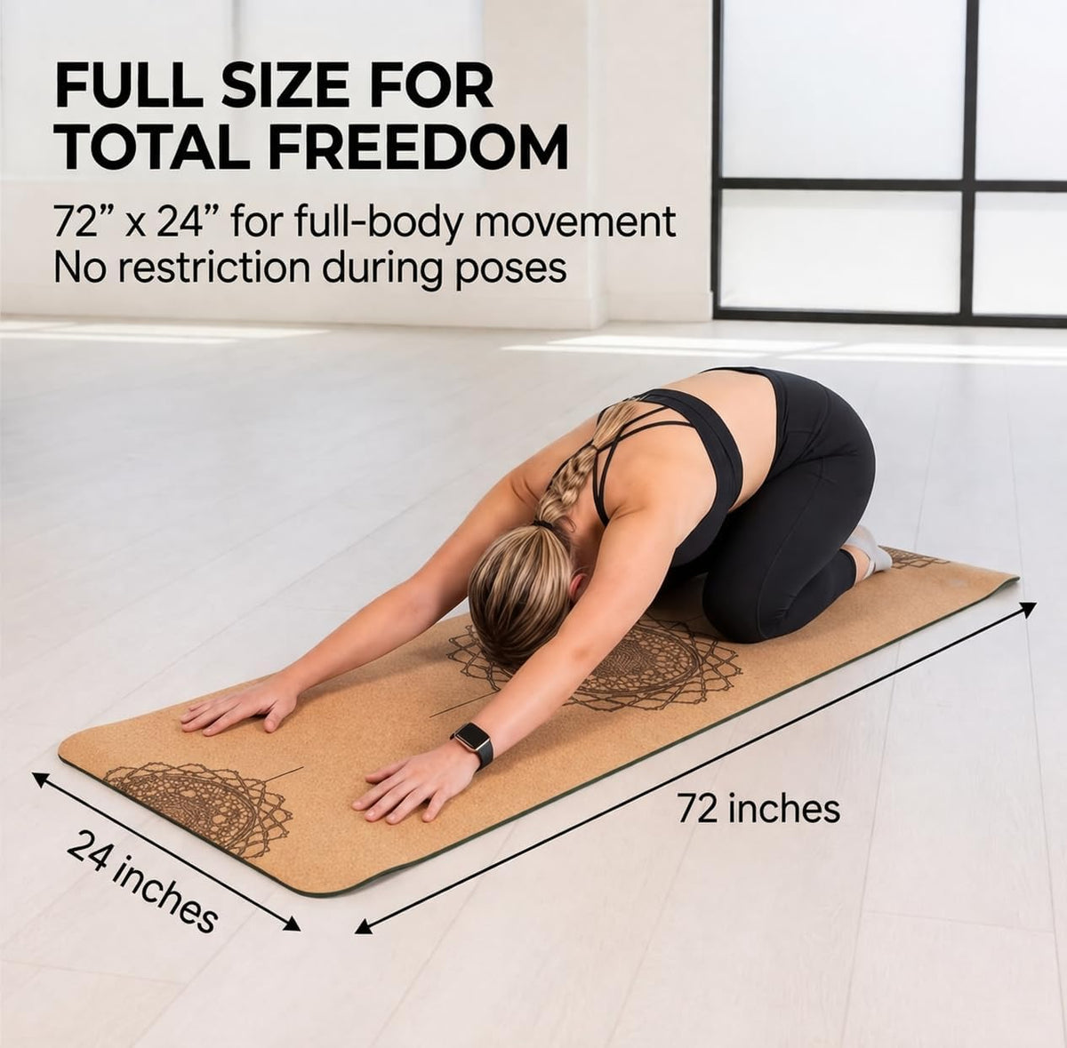 Workout Mat with Carrying Strap - 6mm Thick Cork Yoga Mat (72” x 24”) - Non-Slip Cork Mat for Home, Gym, Fitness & Hot Yoga - Lightweight, Cushioned, Durable & Sweat-Resistant