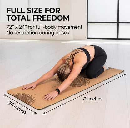 Workout Mat with Carrying Strap - 6mm Thick Cork Yoga Mat (72” x 24”) - Non-Slip Cork Mat for Home, Gym, Fitness & Hot Yoga - Lightweight, Cushioned, Durable & Sweat-Resistant