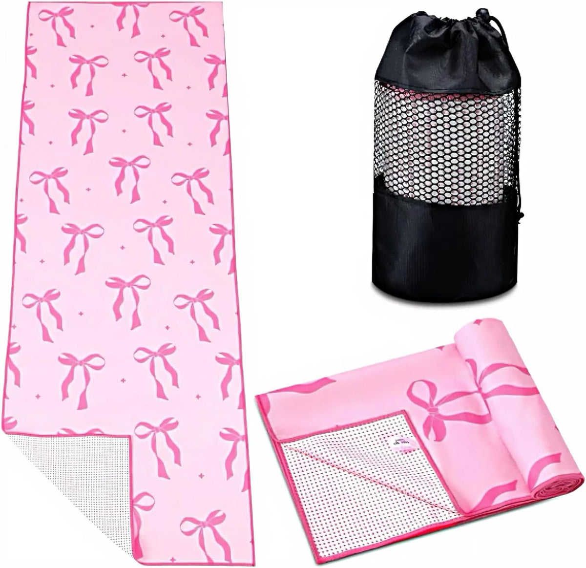 Pink Bow Yoga Mat Towel with Grip Dot Preppy Coquette Bow Non Slip