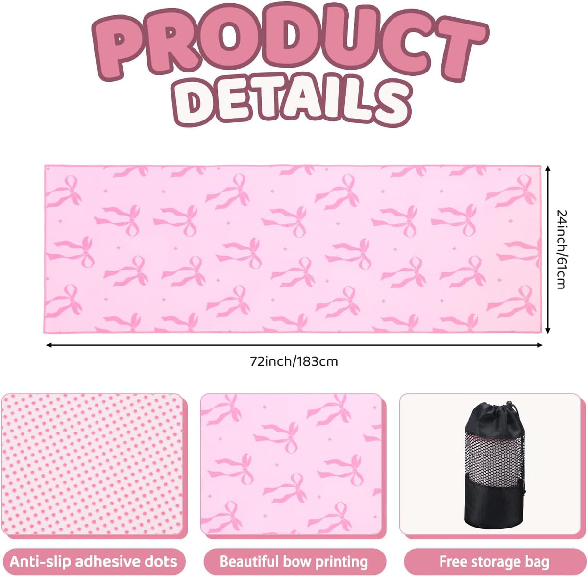 Pink Bow Yoga Mat Towel with Grip Dot Preppy Coquette Bow Non Slip