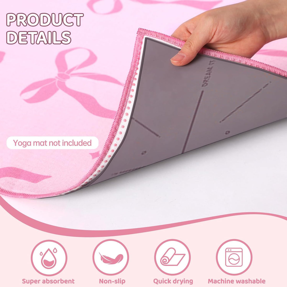 Pink Bow Yoga Mat Towel with Grip Dot Preppy Coquette Bow Non Slip