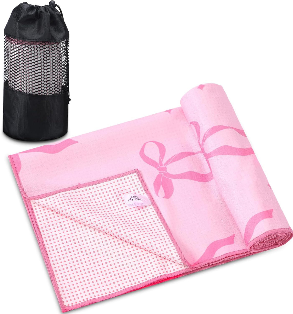 Pink Bow Yoga Mat Towel with Grip Dot Preppy Coquette Bow Non Slip