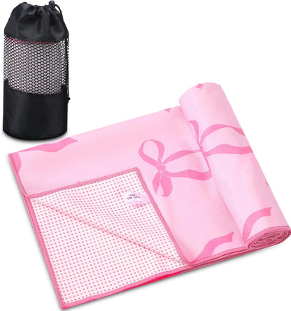 Pink Bow Yoga Mat Towel with Grip Dot Preppy Coquette Bow Non Slip