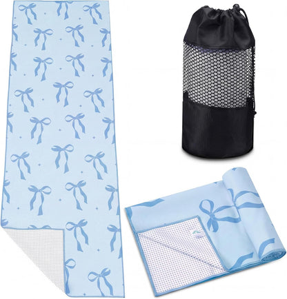Pink Bow Yoga Mat Towel with Grip Dot Preppy Coquette Bow Non Slip