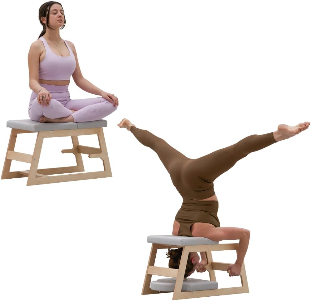 Wooden Reverse Yoga Bench - Yoga Chair for Reverse Positions, Yoga and Fitness - Support for Sirsasana, Reverse Poses Upside Down (Natural Version)
