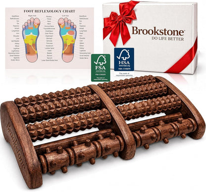 Foot Massager Roller Plantar Fasciitis Pain Relief - Wooden Under Desk Feet Massage - Dual Manual Heel Massagers - Wood Rolling Acupressure Tool with Reflexology Guide - Gift for Men, Women