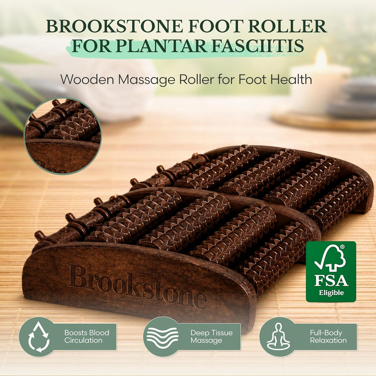 Foot Massager Roller Plantar Fasciitis Pain Relief - Wooden Under Desk Feet Massage - Dual Manual Heel Massagers - Wood Rolling Acupressure Tool with Reflexology Guide - Gift for Men, Women