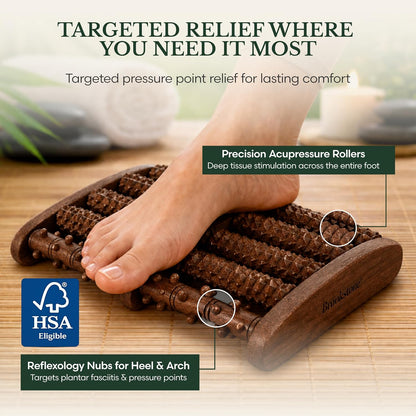 Foot Massager Roller Plantar Fasciitis Pain Relief - Wooden Under Desk Feet Massage - Dual Manual Heel Massagers - Wood Rolling Acupressure Tool with Reflexology Guide - Gift for Men, Women