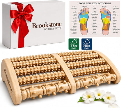 Foot Massager Roller Plantar Fasciitis Pain Relief - Wooden Under Desk Feet Massage - Dual Manual Heel Massagers - Wood Rolling Acupressure Tool with Reflexology Guide - Gift for Men, Women