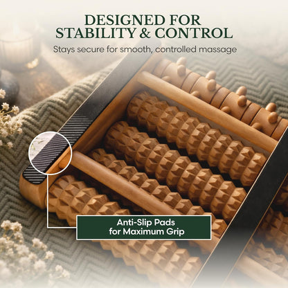 Foot Massager Roller Plantar Fasciitis Pain Relief - Wooden Under Desk Feet Massage - Dual Manual Heel Massagers - Wood Rolling Acupressure Tool with Reflexology Guide - Gift for Men, Women