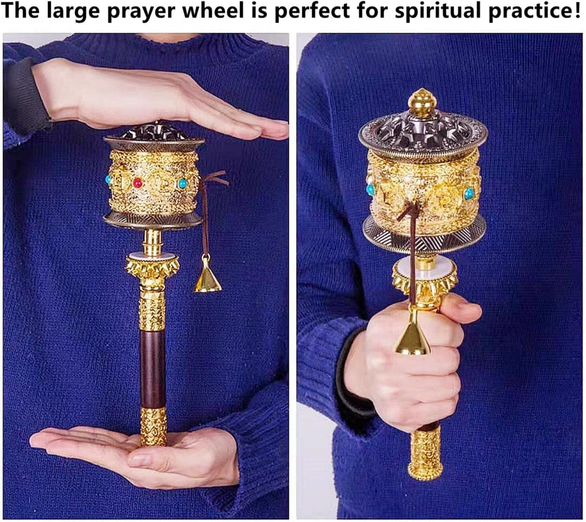 Copper Large Hand Held Prayer Wheel with Tibetan Buddhist Six-Character Truth Premium Buddha Scriptures, Wooden Handle Prayer Wheel for Praying, Blessing, Meditation, Healing, Relaxing, Yoga