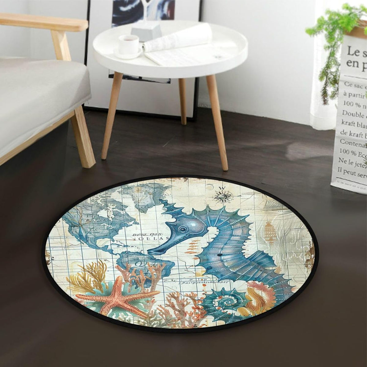 Vdsrup Ocean Sea Horse Doormat Nautical Seahorse Starfish Round Floor Mat Non Slip Carpet Yoga Mat Rug for Entryway Living Room Bedroom Home Decor 3'