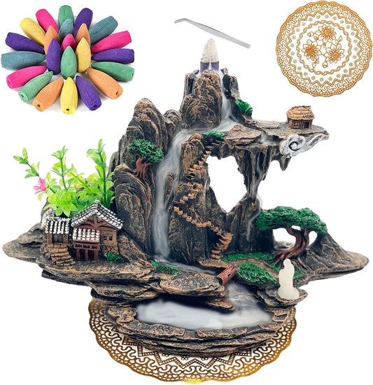 Mountain Waterfall Incense Burner，Backfall Incense Holder River, Incense Falls Meditation Decor for Room with Upgrade Incense Cones and Accessories (Mountain)