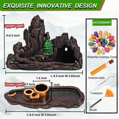 Mountain Waterfall Incense Burner，Backfall Incense Holder River, Incense Falls Meditation Decor for Room with Upgrade Incense Cones and Accessories (Mountain)