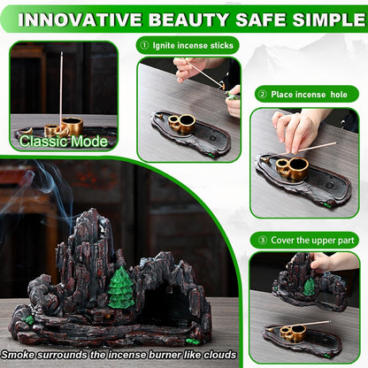 Mountain Waterfall Incense Burner，Backfall Incense Holder River, Incense Falls Meditation Decor for Room with Upgrade Incense Cones and Accessories (Mountain)