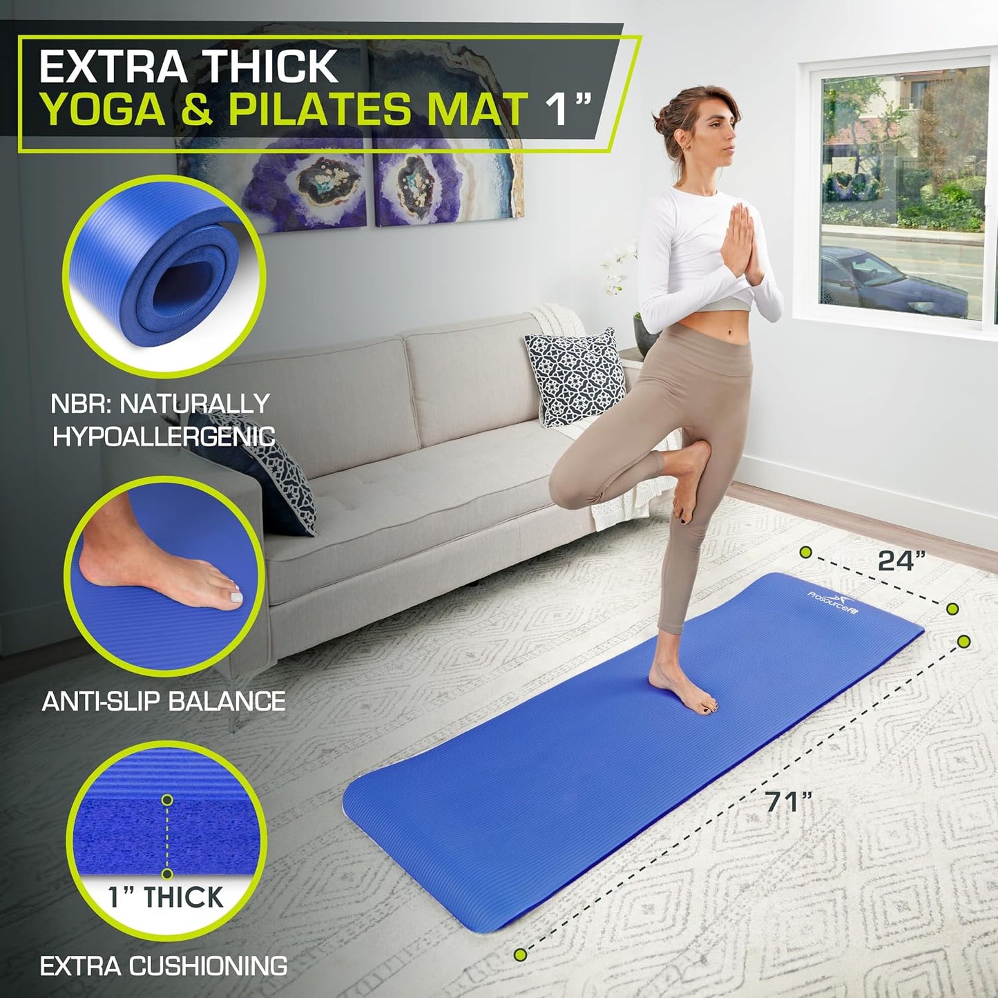 Extra Thick Yoga and Pilates Mat 1/2” (13mm) or 1" (25mm), 71-inch Long High Density Exercise Mat with Comfort Foam and Carrying Strap