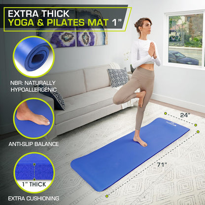 Extra Thick Yoga and Pilates Mat 1/2” (13mm) or 1" (25mm), 71-inch Long High Density Exercise Mat with Comfort Foam and Carrying Strap