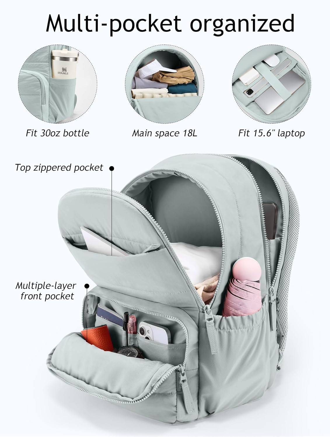 Travel Backpack for Women, 15.6 Inch Laptop Backpack, Quilted College Bookbag, Cute Work Backpacks, Water Resistant (Sage Green)