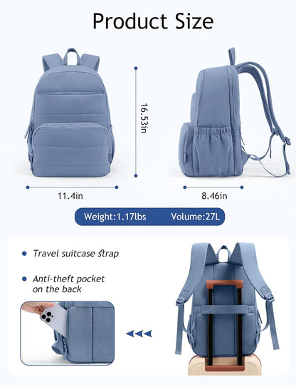 Travel Backpack for Women, 15.6 Inch Laptop Backpack, Quilted College Bookbag, Cute Work Backpacks, Water Resistant (Sage Green)