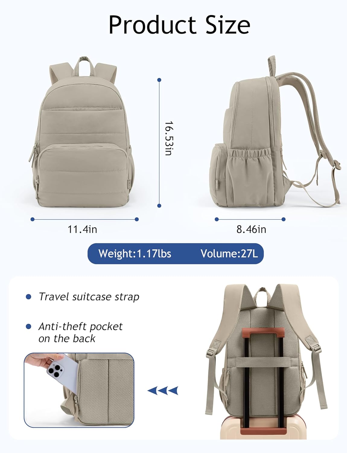 Travel Backpack for Women, 15.6 Inch Laptop Backpack, Quilted College Bookbag, Cute Work Backpacks, Water Resistant (Sage Green)
