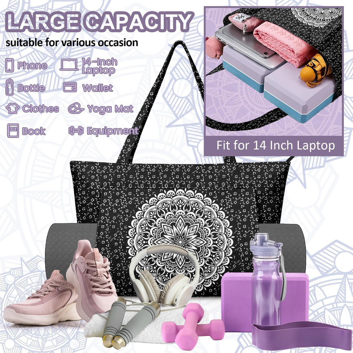 Yoga Bag for Women, Large Canvas Yoga Mat Tote Bag with Yoga Mat Carrier | Large Mat Pocket Fitness Tote for Pilates, Gym, Travel, Office & Beach