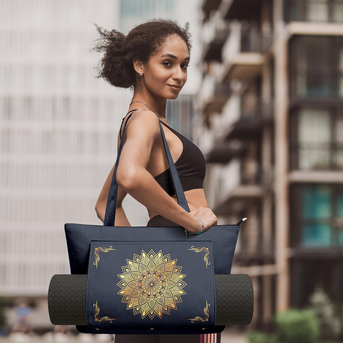 Yoga Bag for Women, Large Canvas Yoga Mat Tote Bag with Yoga Mat Carrier | Large Mat Pocket Fitness Tote for Pilates, Gym, Travel, Office & Beach