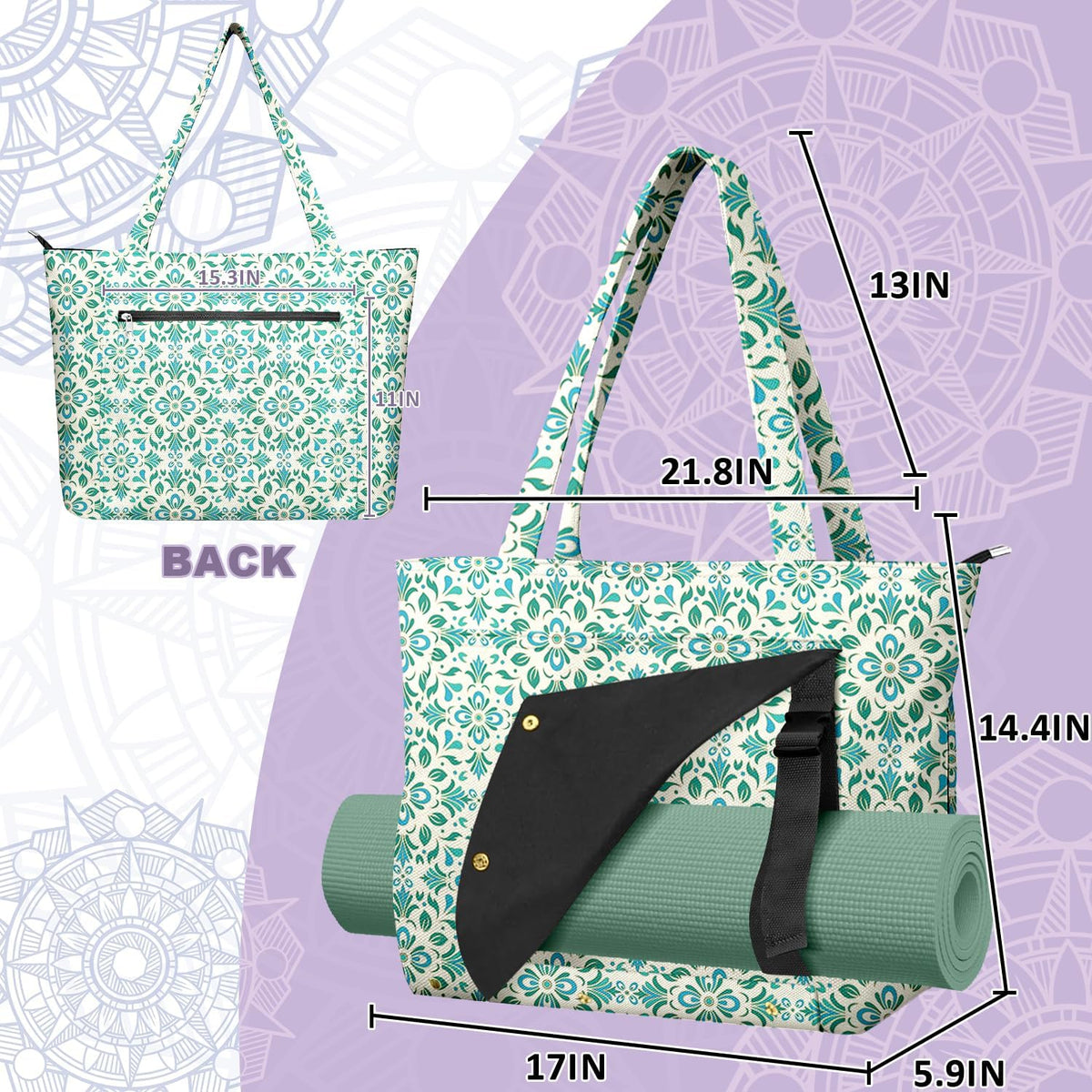 Yoga Bag for Women, Large Canvas Yoga Mat Tote Bag with Yoga Mat Carrier | Large Mat Pocket Fitness Tote for Pilates, Gym, Travel, Office & Beach
