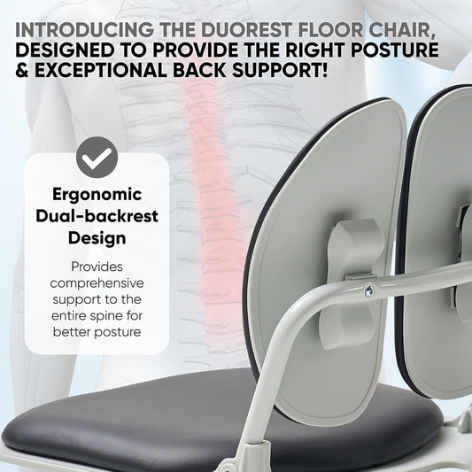 Ergonomic Dual-Backrests Floor Chair with Back Support (Black Leather)