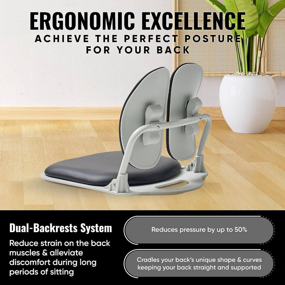 Ergonomic Dual-Backrests Floor Chair with Back Support (Black Leather)