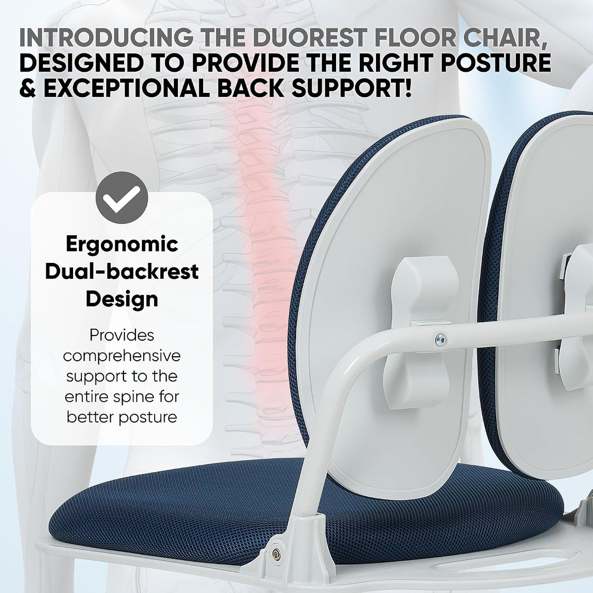 Ergonomic Dual-Backrests Floor Chair with Back Support (Black Leather)