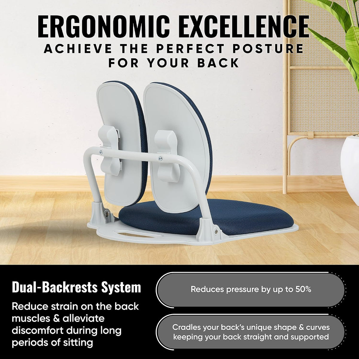 Ergonomic Dual-Backrests Floor Chair with Back Support (Black Leather)